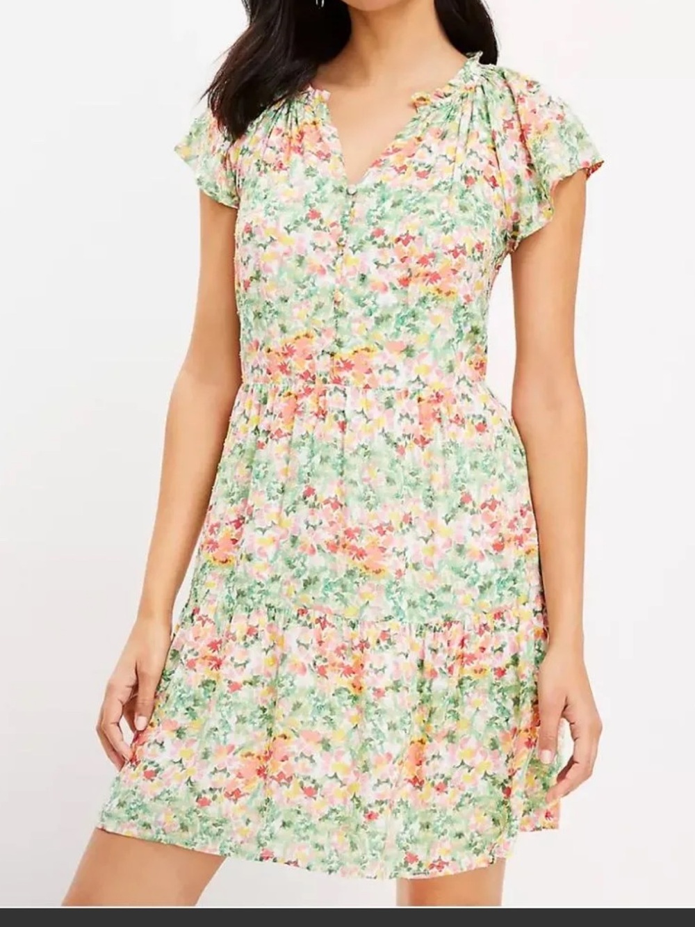 LOFT Multicolor Floral Button-Front Dress in Green, Pink & Yellow size SP